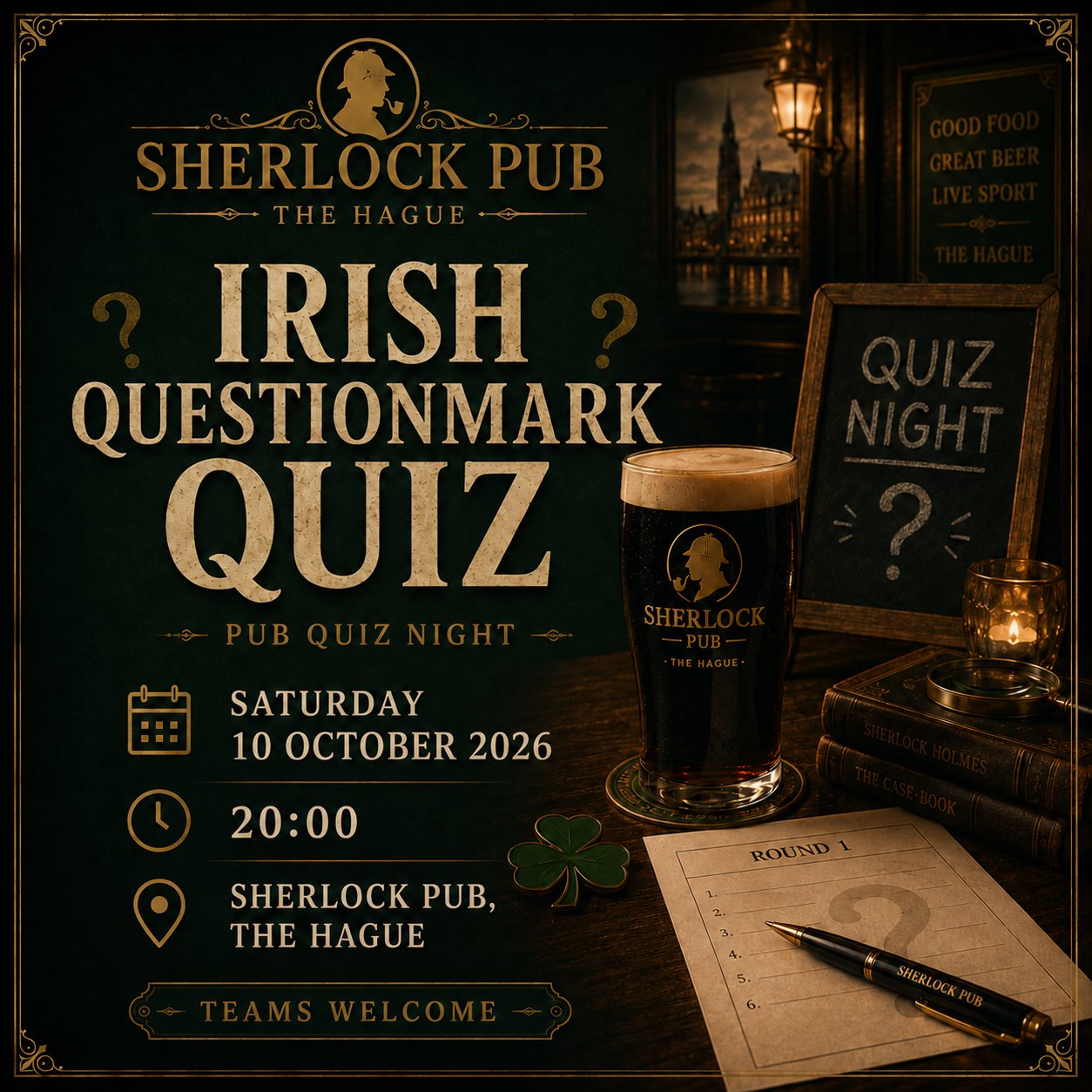 Irish Questionmark pub quiz at Sherlock on 2026-10-10, starting at 20:00